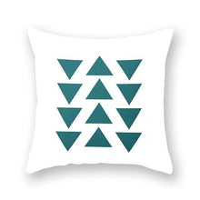 Load image into Gallery viewer, White with teal triangles cushion cover - FunkChez