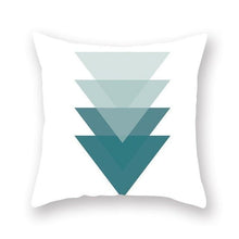 Load image into Gallery viewer, White with shades of teal in triangles on a cushion cover - FunkChez