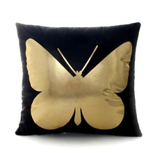 Load image into Gallery viewer, gold butterfly image printed on a black throw cover