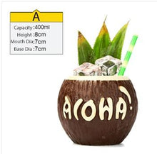 Load image into Gallery viewer, aloha coconut shaped tiki mug filled with a cocktail drink and veggies