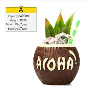 aloha coconut shaped tiki mug filled with a cocktail drink and veggies
