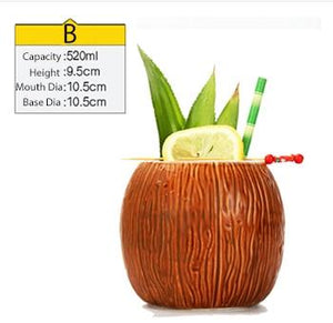 coconut shaped tiki mug filled with a cocktail and some veggies and size specifications