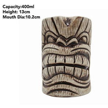 Load image into Gallery viewer, brown colored man&#39;s face shaped tiki mug with size specificaitons