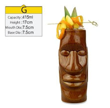 Load image into Gallery viewer, brown ceramic tiki mug filled with a cocktail and some veggies and size specifications