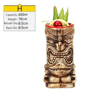 brown wooden tiki mug filled with a cocktail and some veggies and size specifications