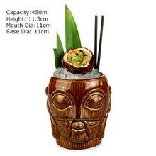 Load image into Gallery viewer, brown ceramic tiki mug filled with a cocktail and some veggies and size specifications