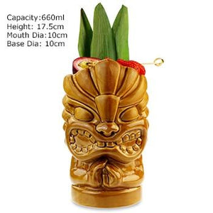 brown ceramic tiki mug filled with a cocktail and some veggies and size specifications