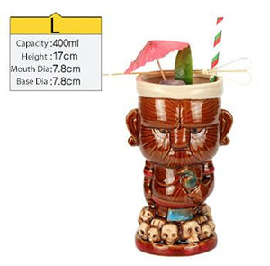 brown ceramic tiki mug filled with a cocktail and some veggies and size specifications