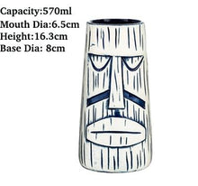 Load image into Gallery viewer, white and black lines tiki mug in the shape of a man&#39;s face with size specifications