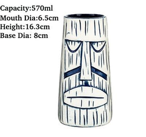 white and black lines tiki mug in the shape of a man's face with size specifications