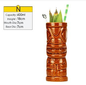 tall brown ceramic tiki mug filled with a cocktail and some veggies and size specifications