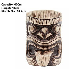 Load image into Gallery viewer, brown wooden tiki tumbler in the shape of a man&#39;s face with size specifications