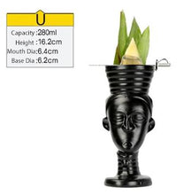 Load image into Gallery viewer, tall black ceramic tiki mug filled with a cocktail and some veggies and size specifications