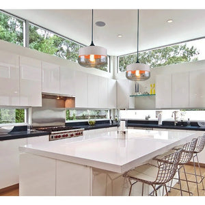 URBANE PENDANT WHITE AND AMBER LIGHTS IN A KITCHEN