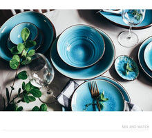 Load image into Gallery viewer, Unique Designer Styled Blue Dinnerware set with Bowls, plates, chopstick holder and tea and soup cup
